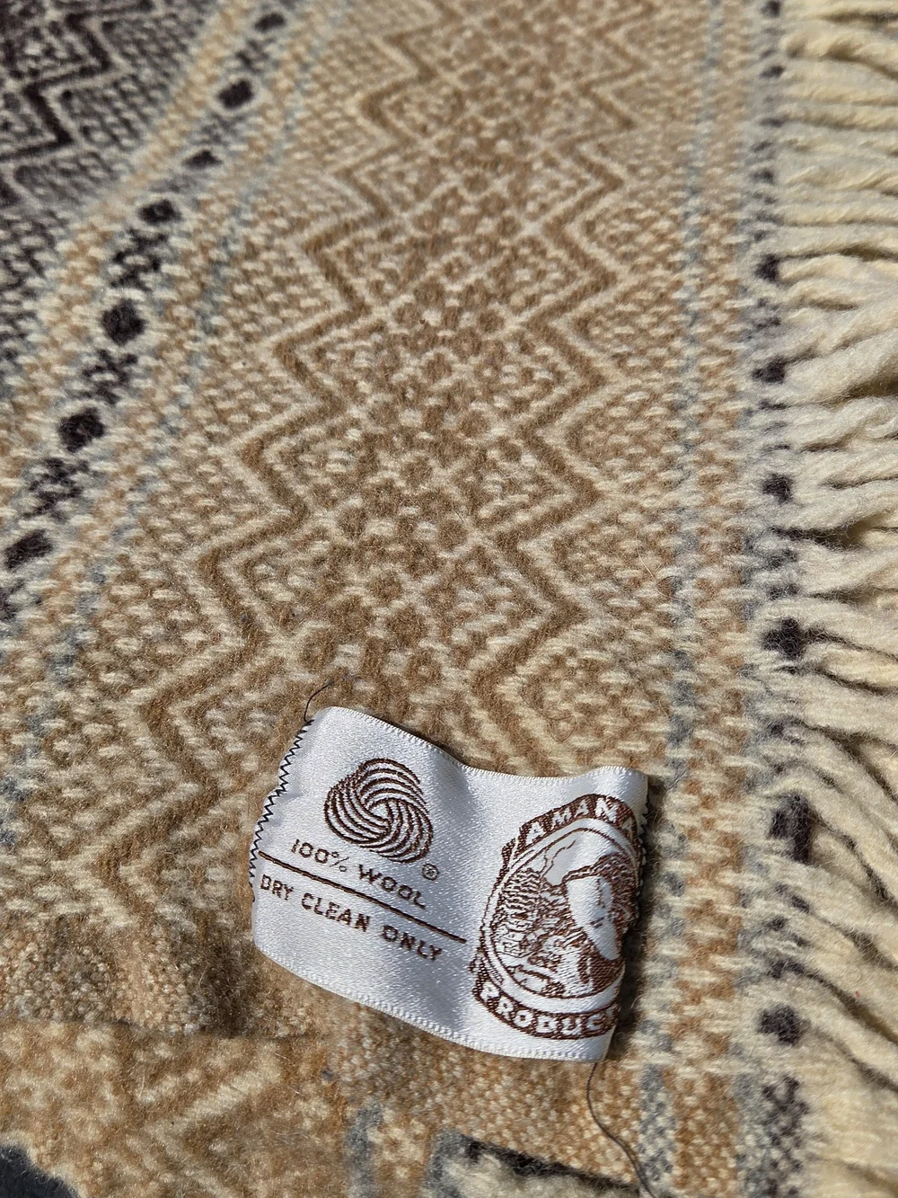 Vtg Woven Fringe Throw Blanket in Beige and Dark Brown - 2-Color Pattern